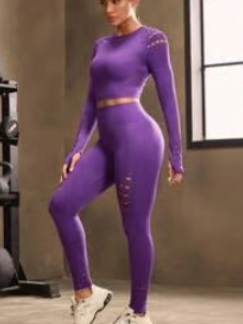 Hollow Out Seamless Leggings and Long Sleeve Crop Top Matching Set - Picture 2 of 8